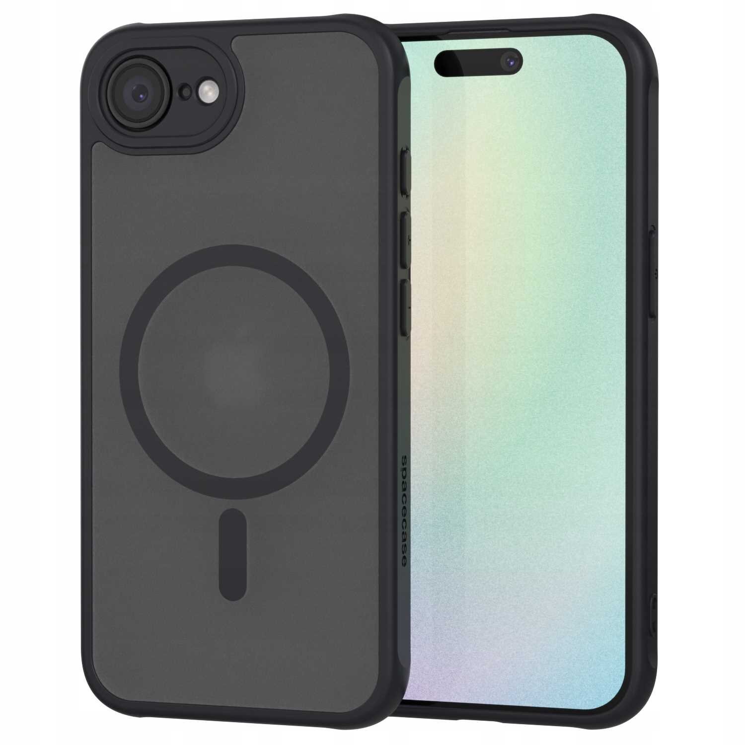 Czarne etui magnetyczne z okrągłym wzorem na tylnej części, przeznaczone do smartfona. Na etui widoczny jest napis \'SPACECASE\'.