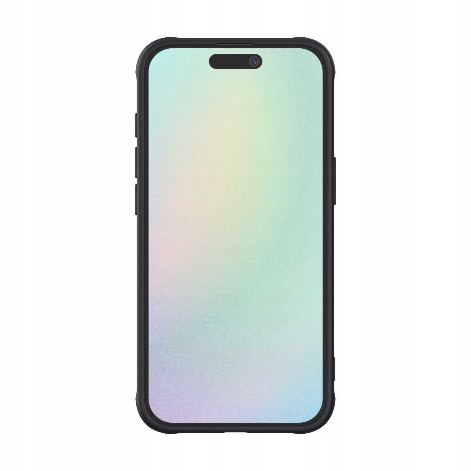 Obraz przedstawia telefon w czarnym etui z tęczowym, gradientowym ekranem. Etui ma zaokrąglone rogi i wycięcie na aparat oraz głośnik.
