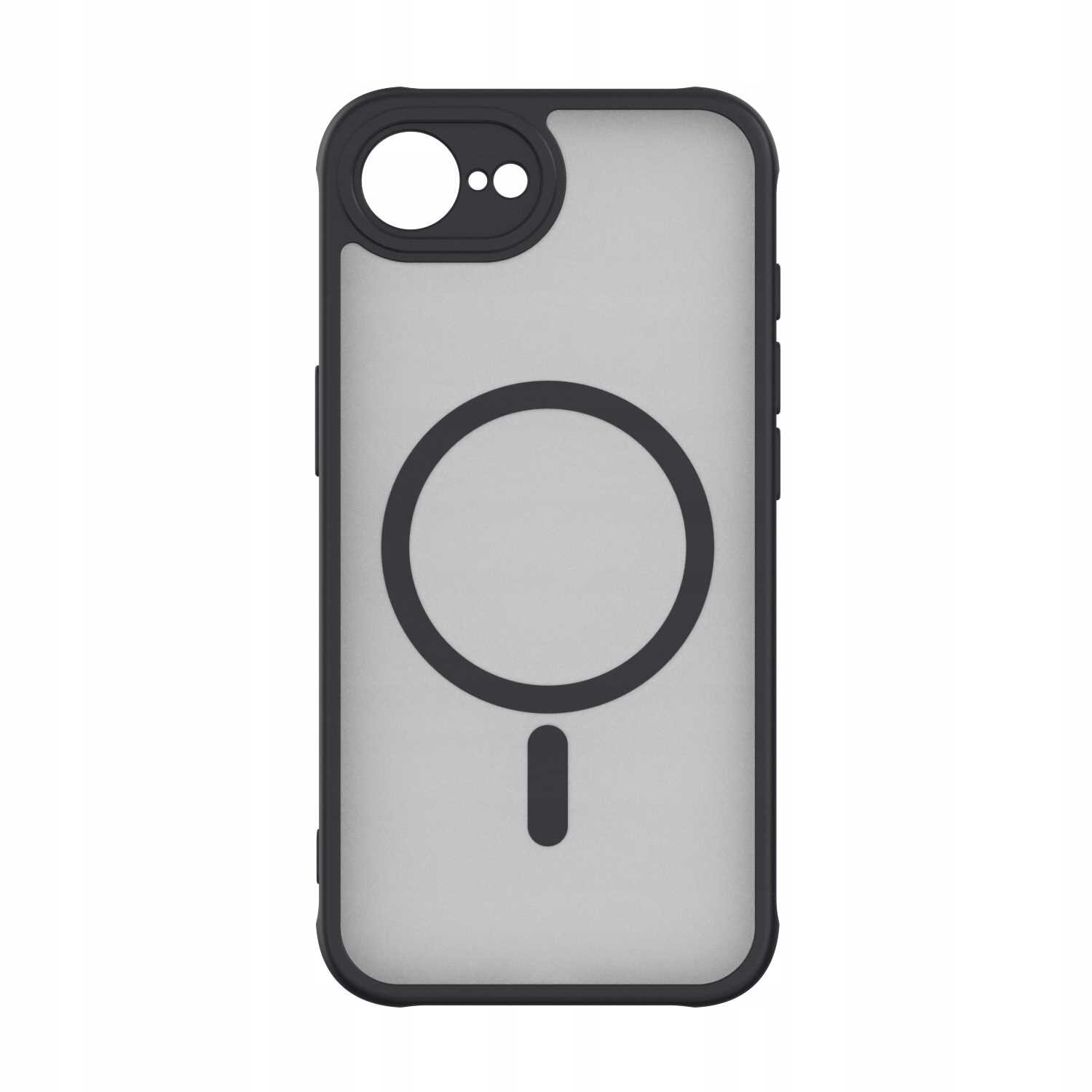 Czarne etui magnetyczne z przezroczystym tyłem i okrągłym wzorem na środku, przeznaczone do iPhone 16E.
