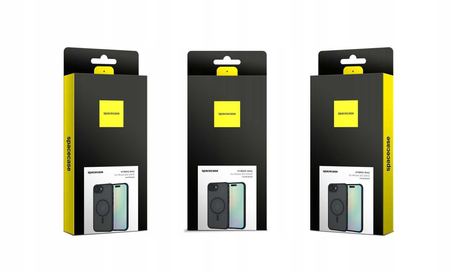 Trzy opakowania produktu z logo \'spacecase\' na żółtym tle, każde z grafiką przedstawiającą etui na telefon. Na opakowaniach widnieje napis \'HYBRID MAG do iPhone 16E\'.