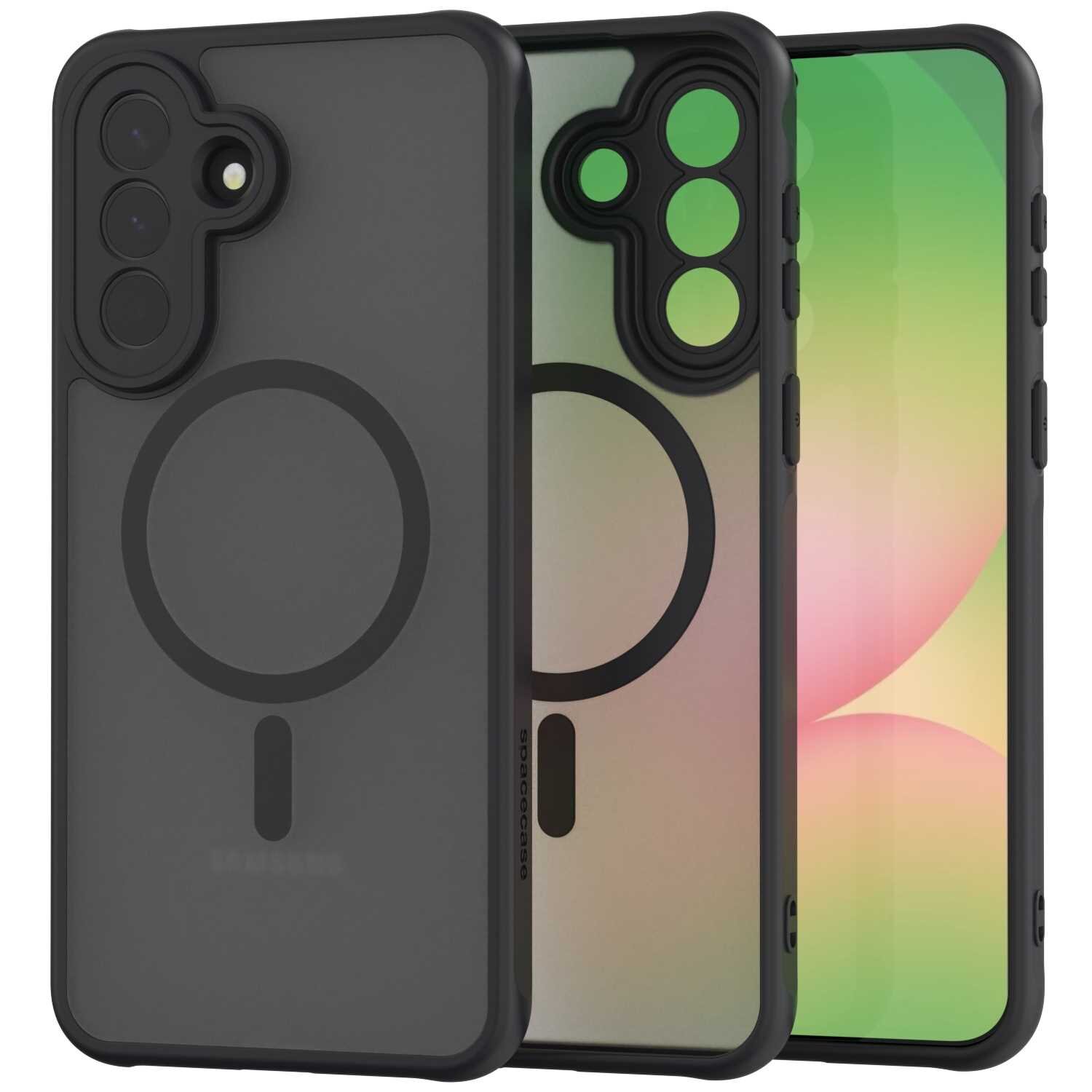 Obraz przedstawia czarne etui magnetyczne z okrągłym wzorem na tylnej części, przeznaczone do telefonu Galaxy A37 5G. Etui posiada wycięcia na aparat i przyciski boczne.