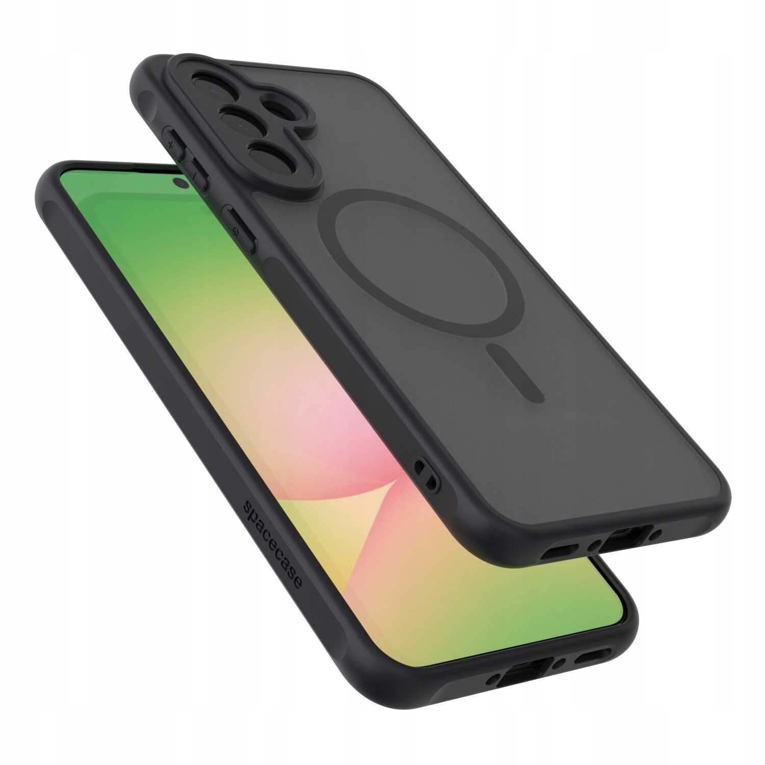 Czarne etui magnetyczne z okrągłym wzorem na tylnej części, przeznaczone do telefonu. Na boku widoczny jest napis \'spacecase\'.