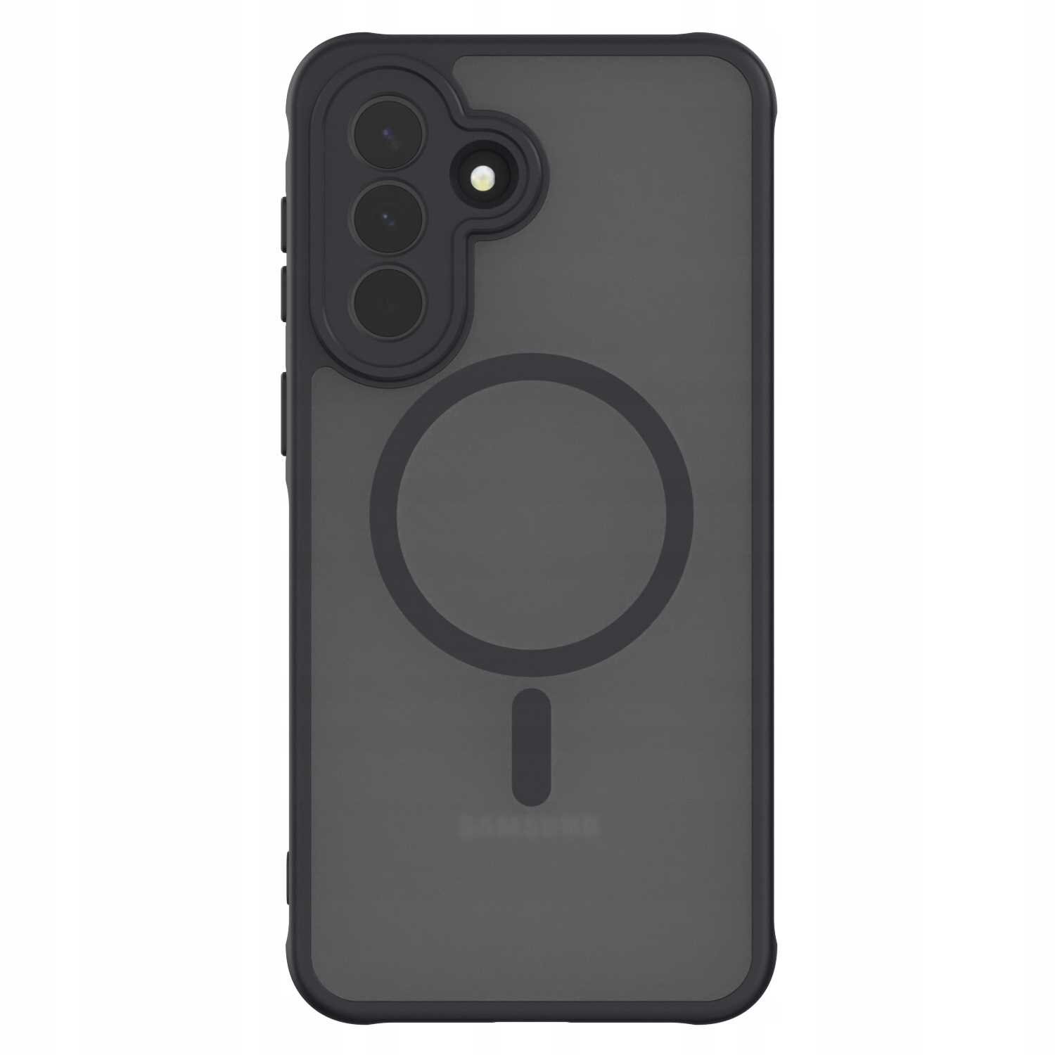 Czarne etui na telefon z trzema otworami na aparat i okrągłym wzorem na tylnej części. Widoczne jest logo \'SAMSUNG\'.