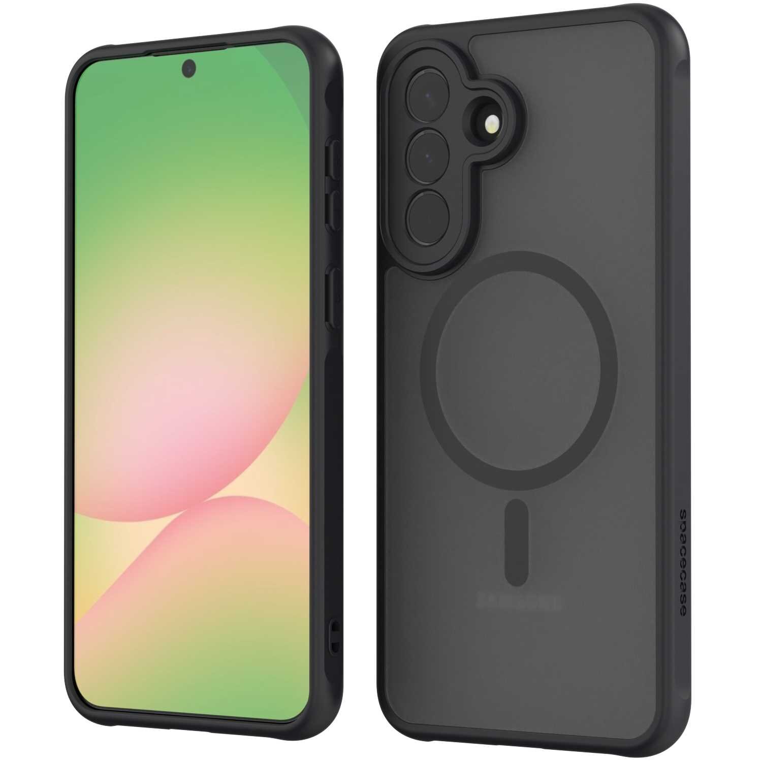 Obraz przedstawia czarne etui magnetyczne na telefon z trzema otworami na aparat i okrągłym wzorem na tylnej części. Na etui widoczny jest napis \'spacecase\'.