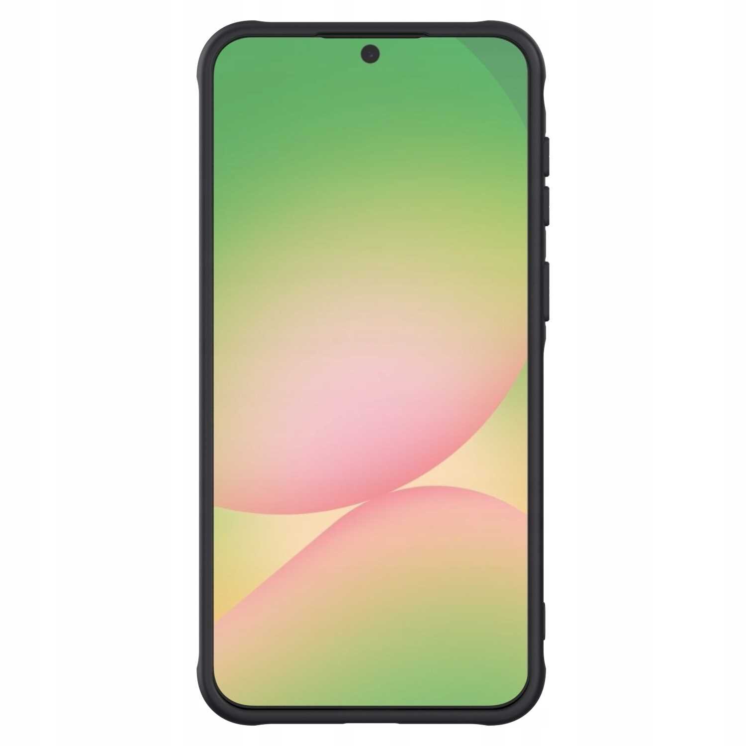 Obraz przedstawia smartfon w czarnym etui z wyświetlaczem pokazującym gradientowe tło w odcieniach zieleni i różu. Etui ma zaokrąglone krawędzie i wycięcie na aparat przedni.
