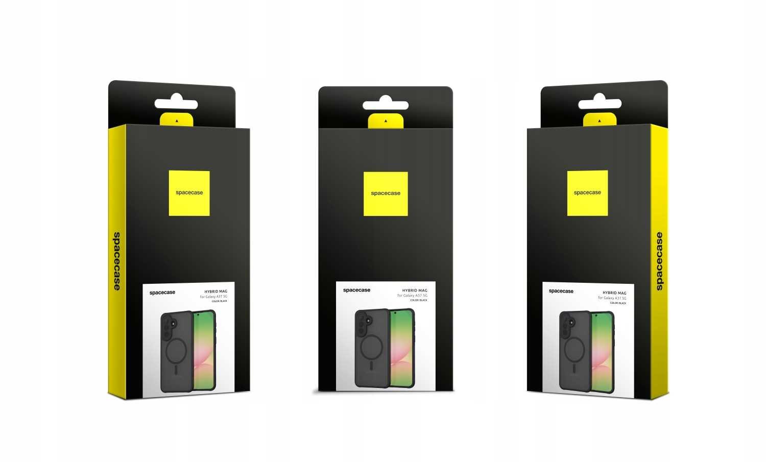 Trzy opakowania produktu z logo \'spacecase\' na czarnym tle z żółtym akcentem. Na każdym opakowaniu widoczny jest obraz etui na telefon z napisem \'HYBRID MAG\'.