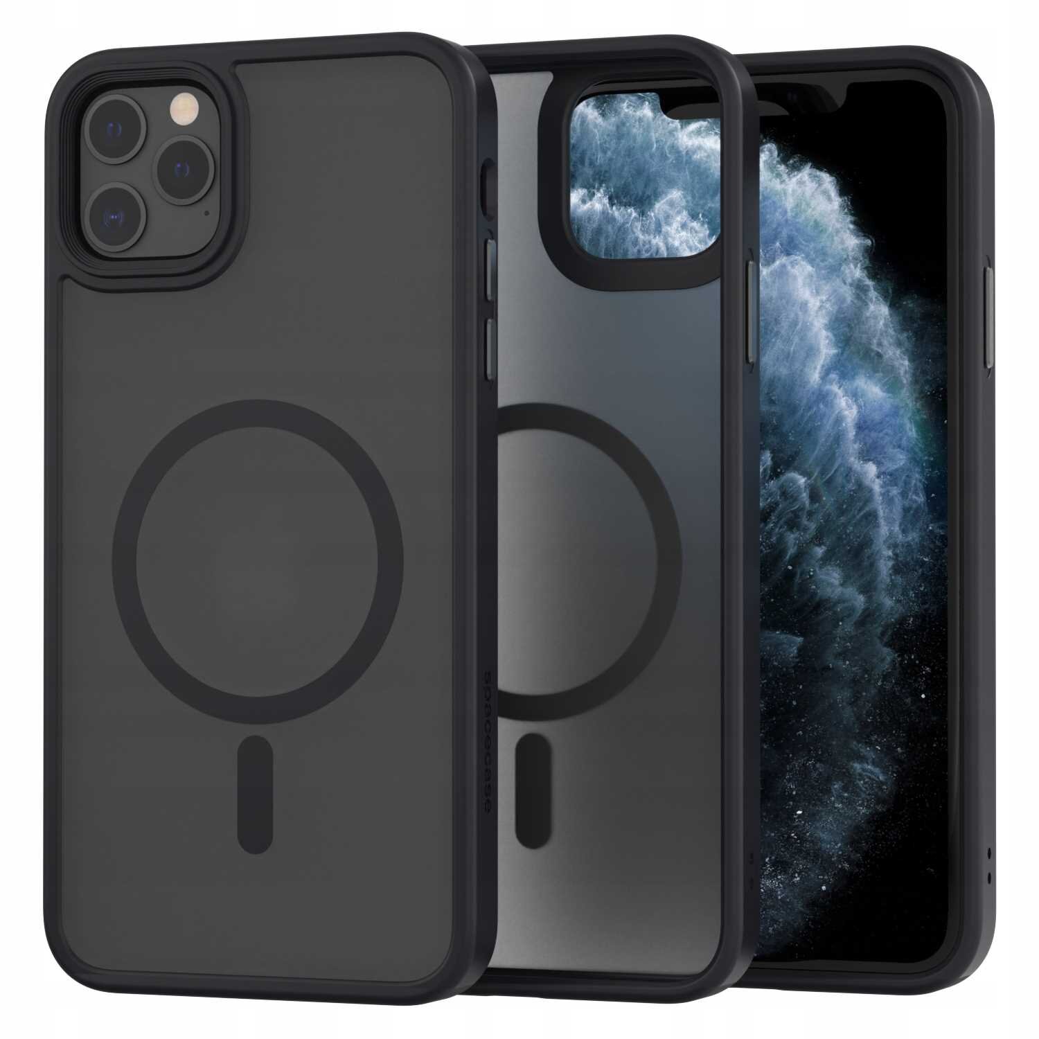 Na obrazie widoczne jest czarne etui magnetyczne z okrągłym wzorem, przeznaczone do iPhone 11 Pro. Obok etui znajduje się telefon z wyświetlonym obrazem przypominającym fale.