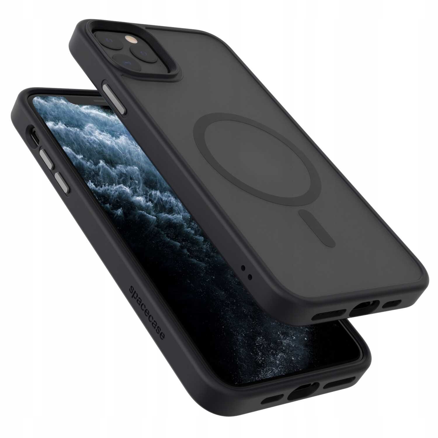 Czarne etui magnetyczne na telefon z widocznym okrągłym wzorem na tylnej części. Na boku etui znajduje się napis \'spacecase\'.