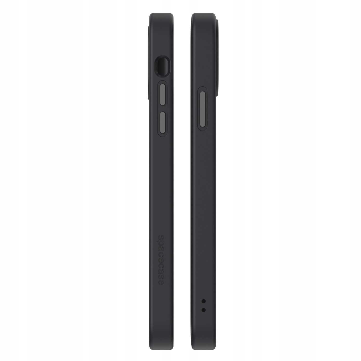 Dwa czarne etui na telefon widoczne z boku, z wycięciami na przyciski i aparat. Na jednym z etui widoczny jest napis \'spacecase\'.
