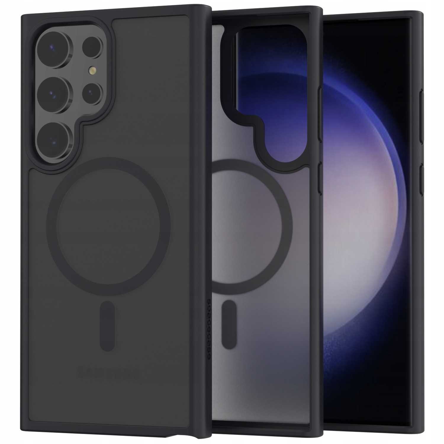 Obraz przedstawia czarne etui magnetyczne SPACECASE Hybrid Mag do Galaxy S23 Ultra. Etui ma przezroczystą tylną część z widocznym okrągłym wzorem i wycięciami na aparat oraz przyciski.