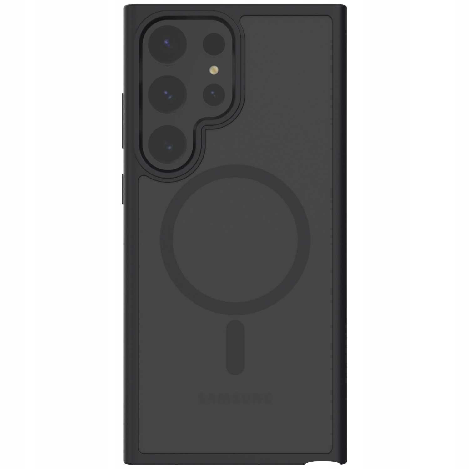 Czarne etui magnetyczne z wycięciem na aparat i okrągłym wzorem na środku. Widoczne jest logo \'SAMSUNG\' na dole etui.