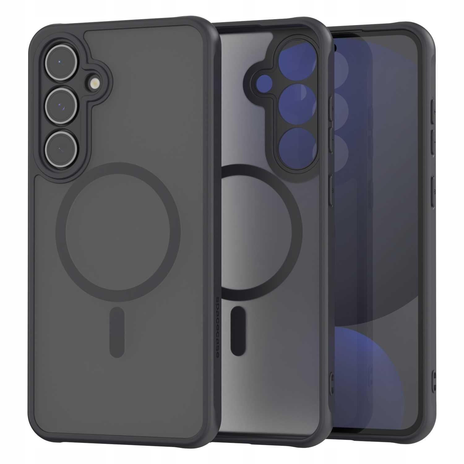 Obraz przedstawia czarne etui magnetyczne SPACECASE Hybrid Mag do Galaxy S24 FE z trzema otworami na aparaty i przezroczystym tyłem. Na etui widoczny jest okrągły wzór oraz napis \'spacecase\'.