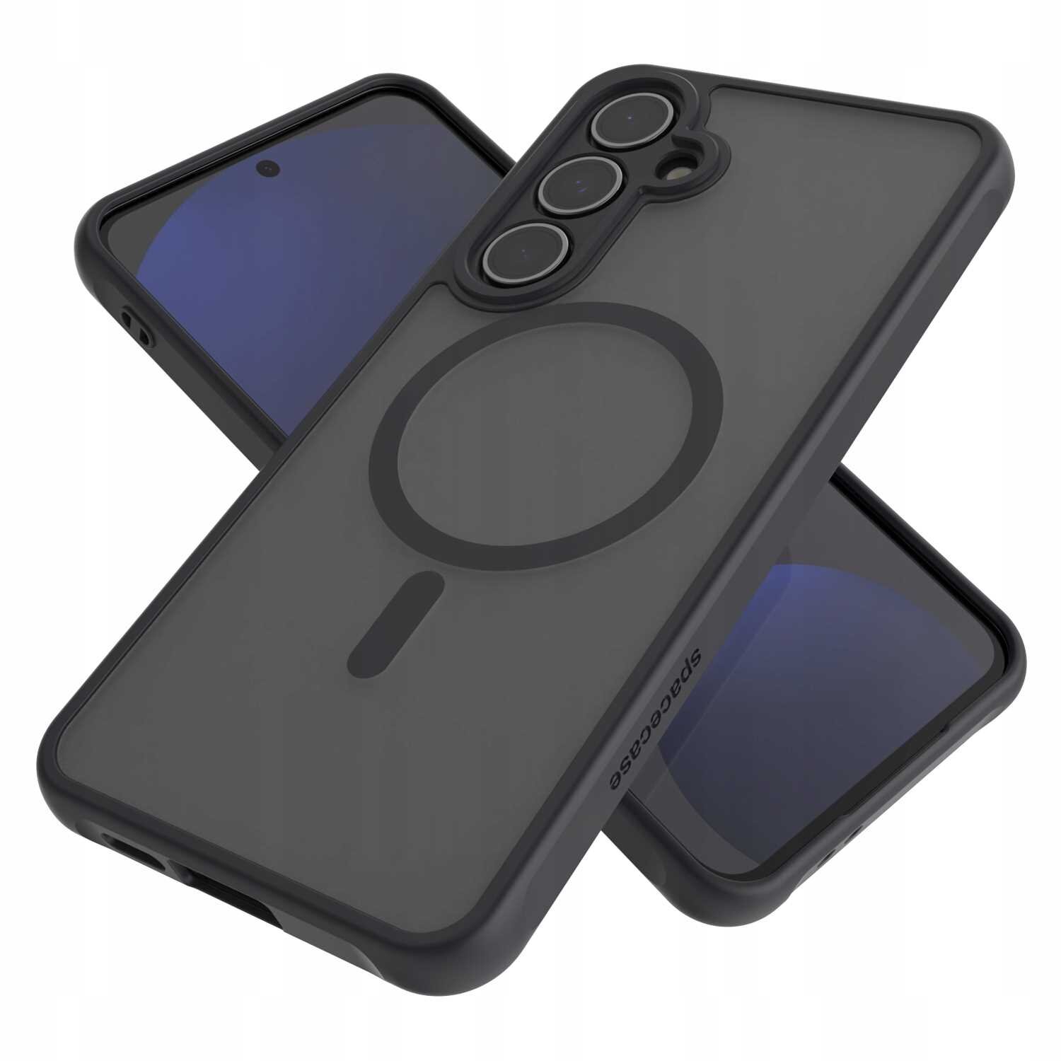 Na obrazie widoczne jest czarne etui magnetyczne SPACECASE Hybrid Mag z trzema otworami na aparaty. Etui ma przezroczysty tył z widocznym okrągłym wzorem i napisem \'SPACECASE\'.