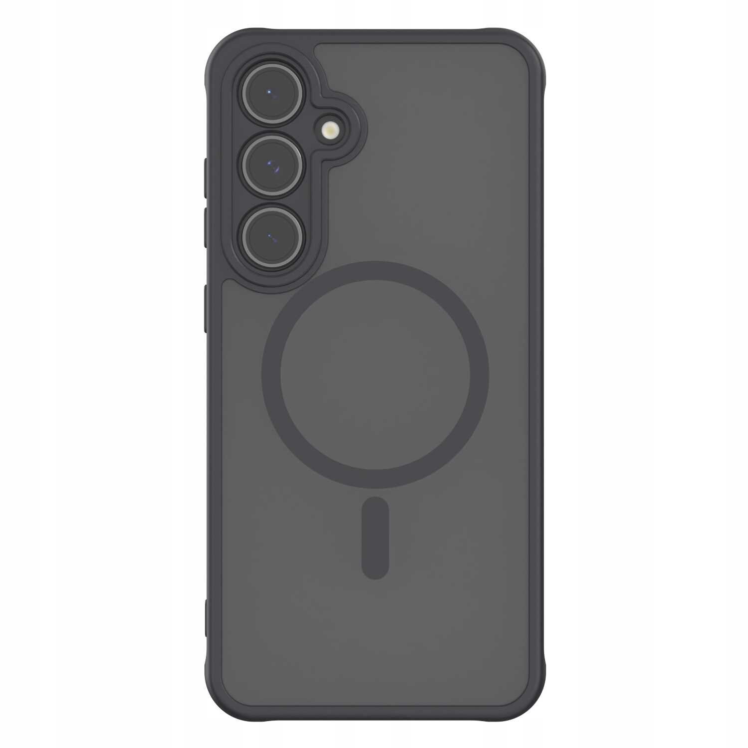 Czarne etui magnetyczne z trzema wycięciami na aparaty i okrągłym wzorem na tylnej części. Przeznaczone do telefonu Galaxy S24 FE.