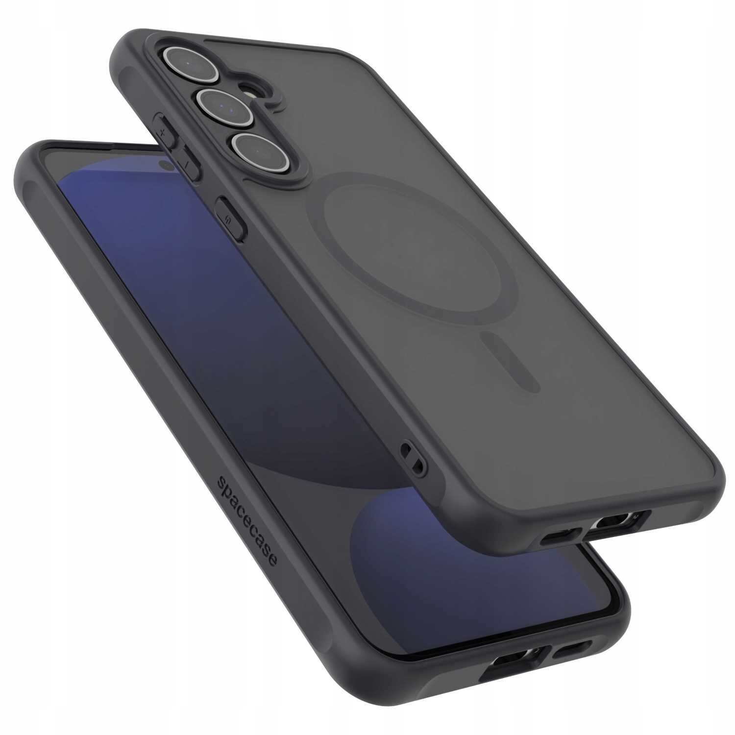 Czarne etui magnetyczne SPACECASE Hybrid Mag do Galaxy S24 FE, z widocznymi wycięciami na aparat i przyciski. Na etui znajduje się napis \'spacecase\'.