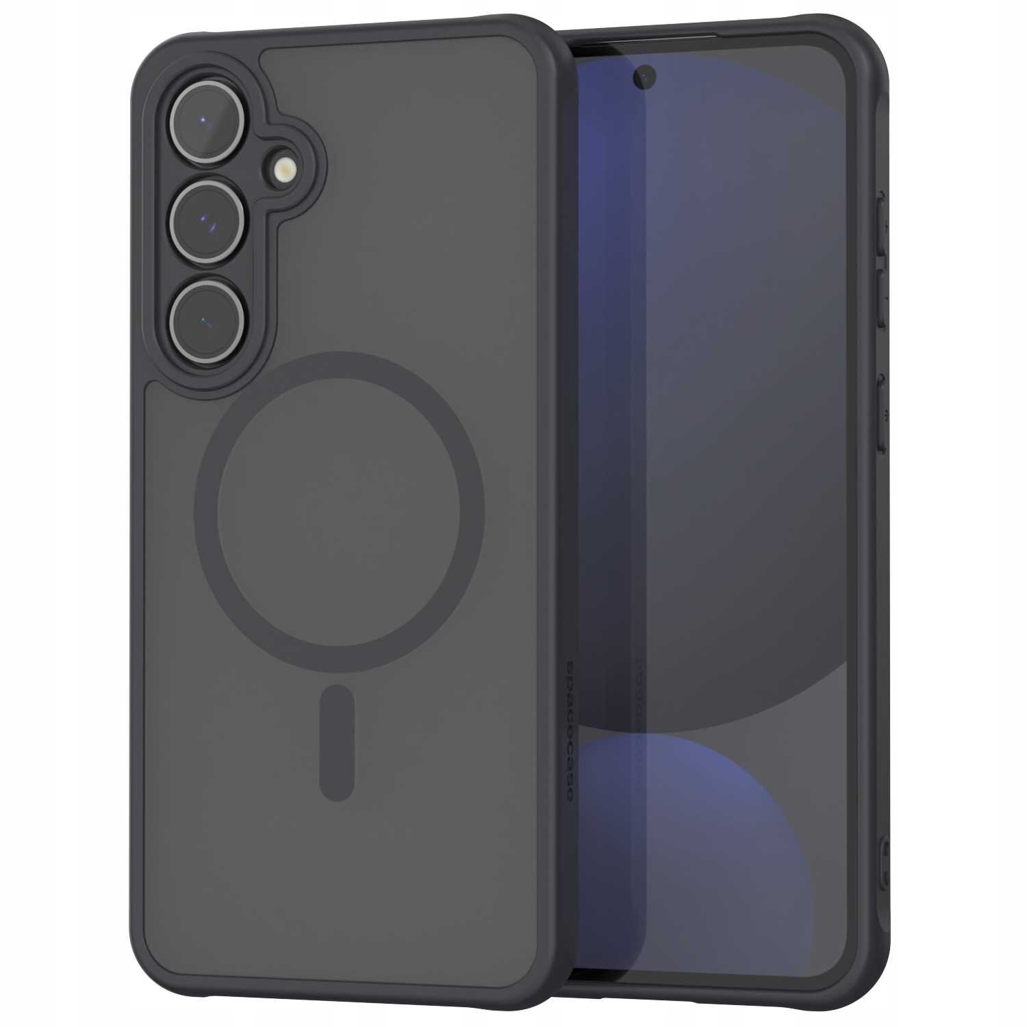 Czarne etui magnetyczne z trzema otworami na aparaty i okrągłym wzorem na tylnej części. Przeznaczone do telefonu Galaxy S24 FE.