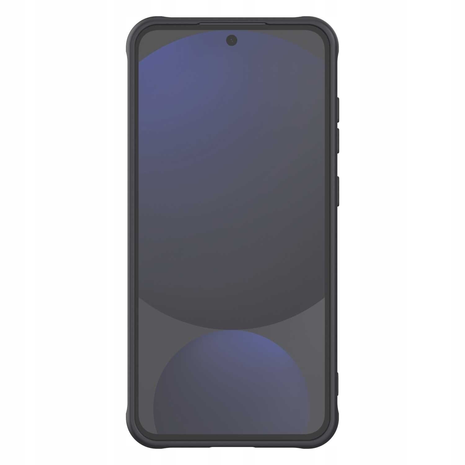 Czarne etui magnetyczne na smartfon z widocznym ekranem, posiada zaokrąglone rogi i wycięcia na przyciski boczne.