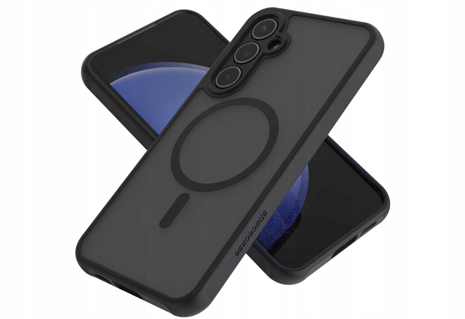 Czarne etui magnetyczne SPACECASE Hybrid Mag do Galaxy S23 FE z widocznym okrągłym wzorem na tylnej części. Na etui znajduje się napis \'spacecase\'.
