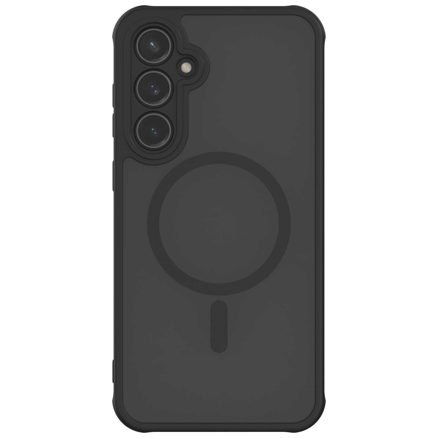 Czarne etui na telefon z trzema otworami na aparaty fotograficzne i okrągłym wzorem na środku. Etui ma zaokrąglone rogi i matową powierzchnię.