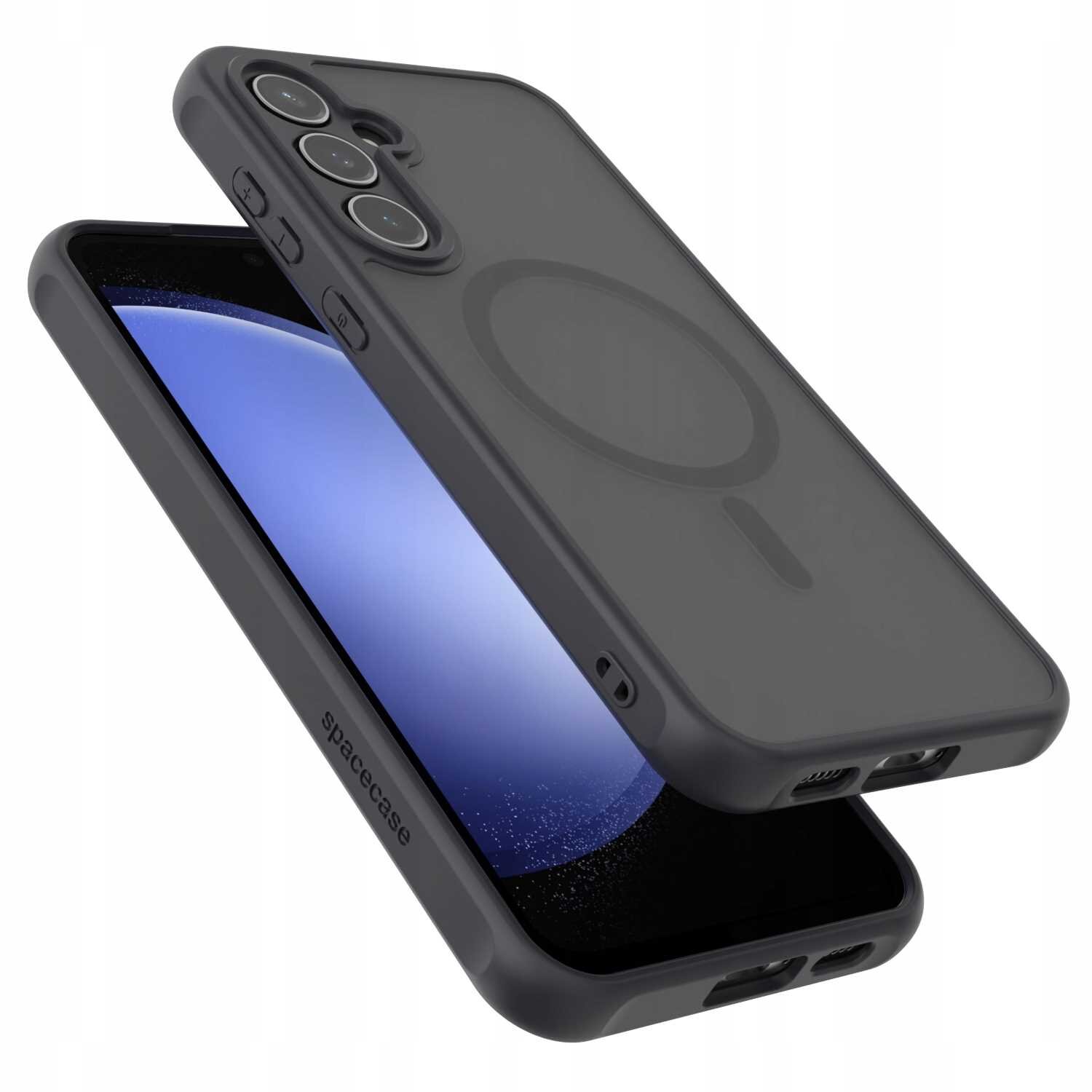 Czarne etui magnetyczne na telefon z widocznymi przyciskami i otworami na aparat oraz logo \'spacecase\'.