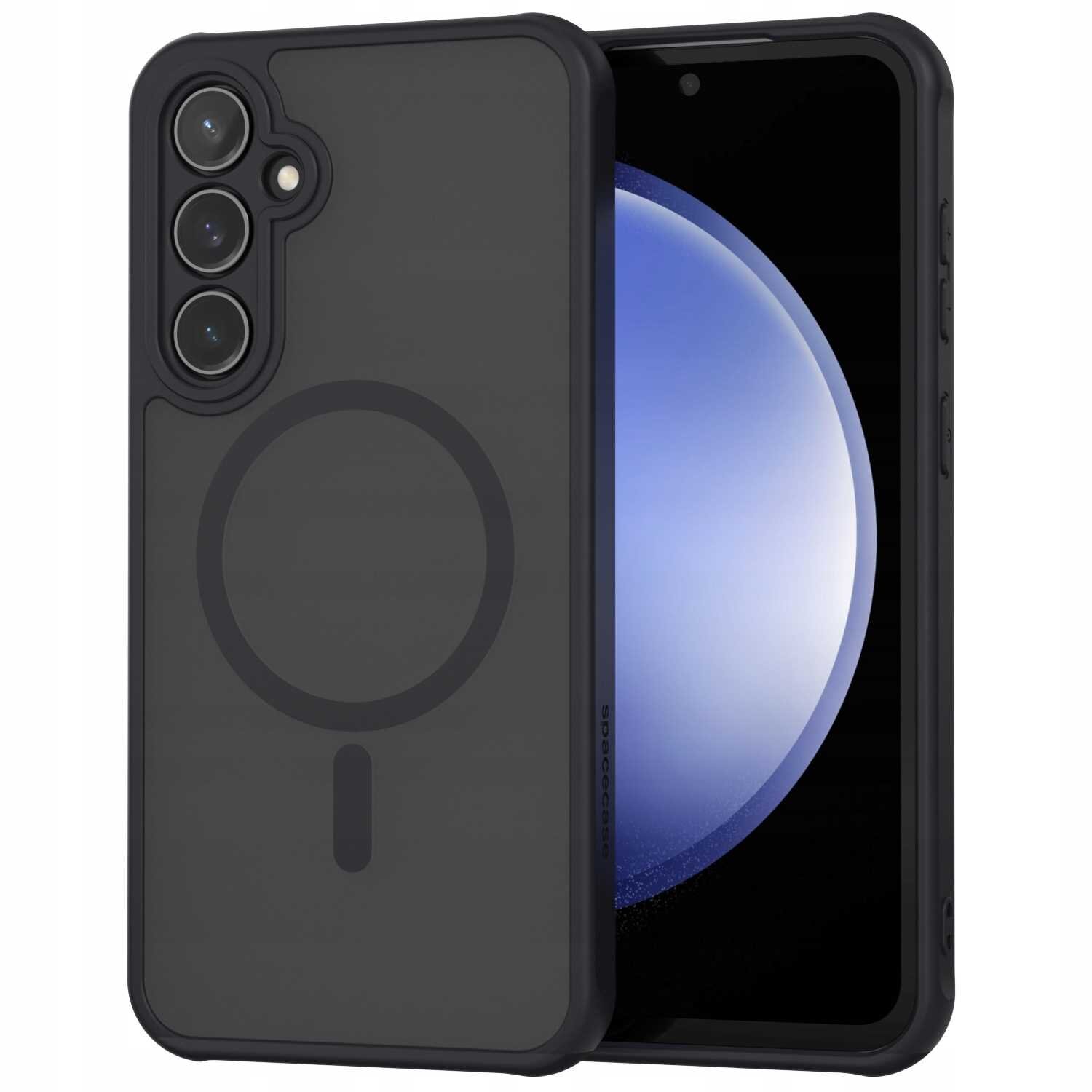 Czarne etui magnetyczne na telefon z trzema widocznymi aparatami i okrągłym wzorem na tylnej części. Obok etui znajduje się telefon z wyświetlaczem pokazującym niebieską kulę.