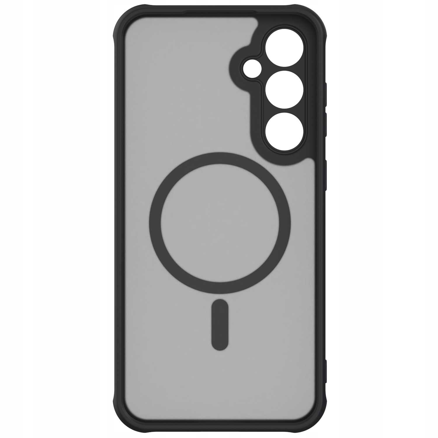 Czarne etui magnetyczne z przezroczystym tyłem i okrągłym wzorem na środku, przeznaczone do telefonu Galaxy S23 FE. Posiada wycięcia na aparat i przyciski.