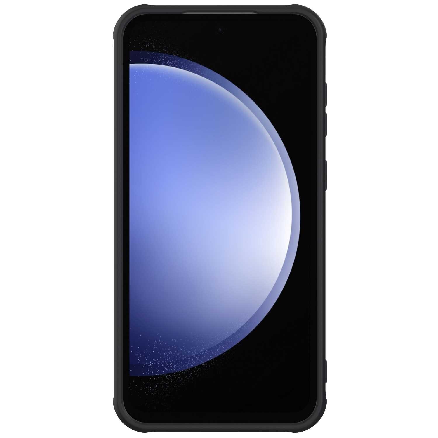 Obraz przedstawia czarne etui magnetyczne na smartfon z widocznym ekranem urządzenia, na którym wyświetlany jest niebieski gradientowy motyw z okrągłym kształtem.