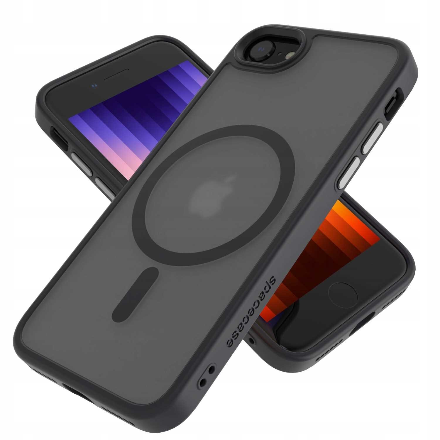Na obrazie widoczne jest czarne etui magnetyczne SPACECASE Hybrid Mag do iPhone 7/8/SE. Etui ma przezroczysty tył z widocznym okrągłym wzorem i logo producenta oraz wycięcia na przyciski i aparat.