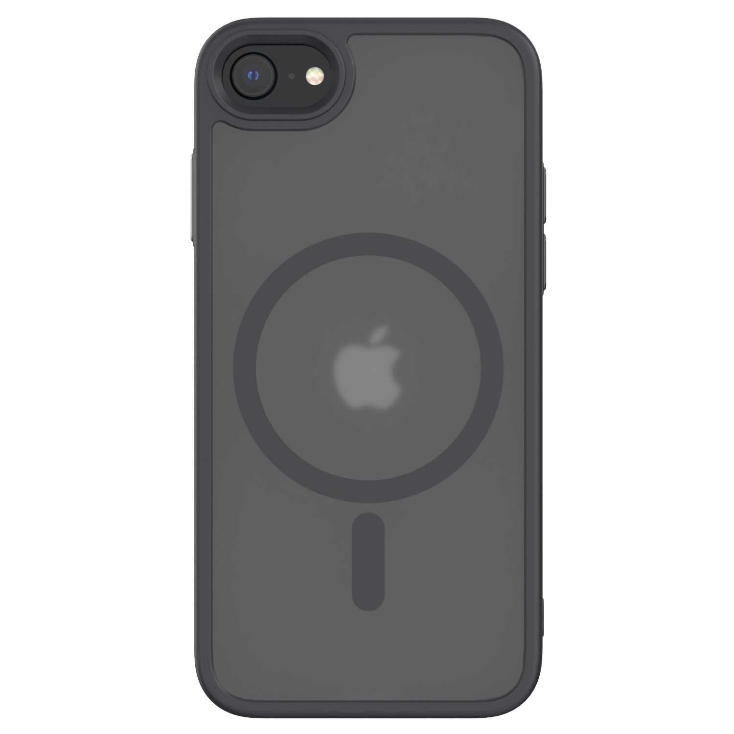 Czarne etui na telefon z widocznym logo w kształcie jabłka oraz okrągłym wzorem na środku. Aparat telefonu znajduje się w górnym rogu etui.
