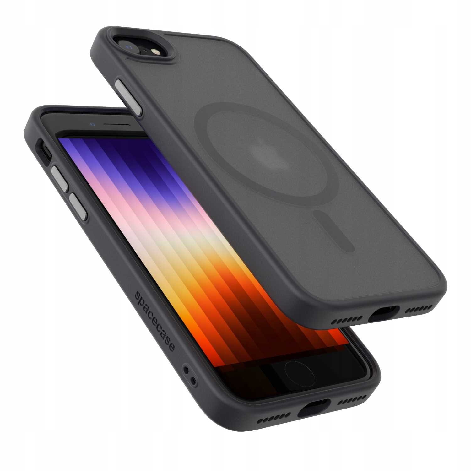 Czarne etui magnetyczne SPACECASE Hybrid Mag do iPhone 7/8/SE z widocznym okrągłym wzorem na tylnej części. Na boku etui znajduje się napis \'spacecase\'.