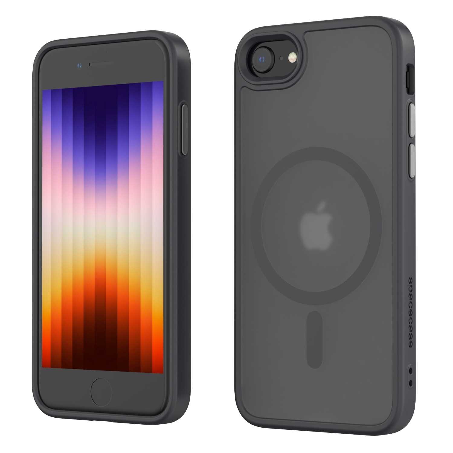 Obraz przedstawia czarne etui magnetyczne na telefon z widocznym logo w kształcie jabłka. Na etui znajduje się napis \'spacecase\'.