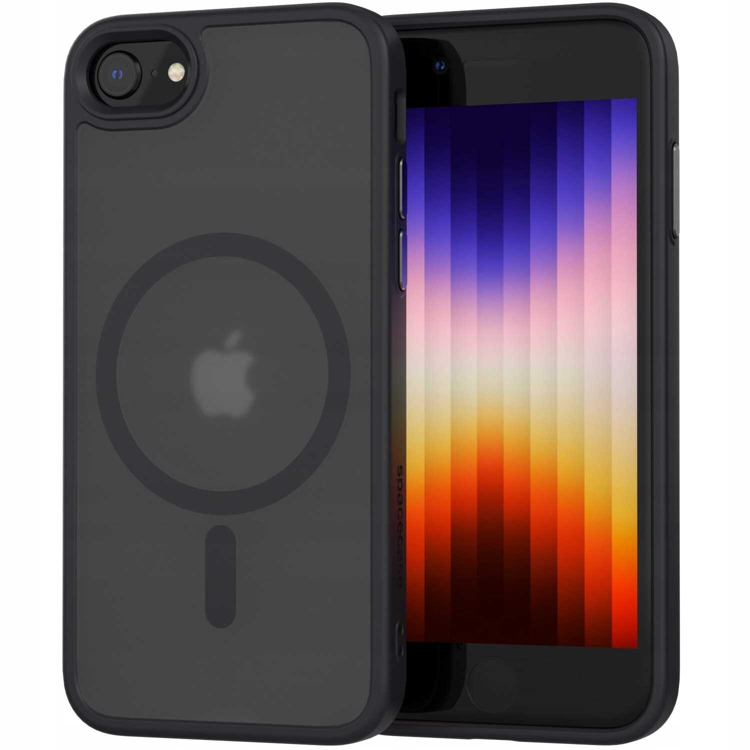 Czarne etui magnetyczne na telefon z widocznym logo w kształcie nadgryzionego jabłka. W tle ekran telefonu z kolorowym gradientem pionowych pasków.