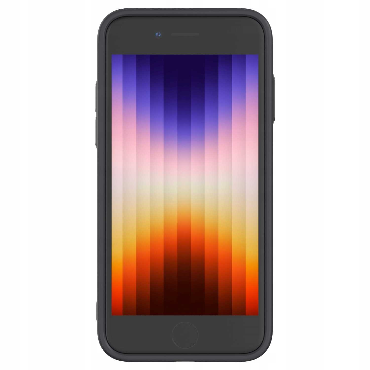 Smartfon w czarnym etui z gradientowym tłem na ekranie, przechodzącym od fioletu do pomarańczu.