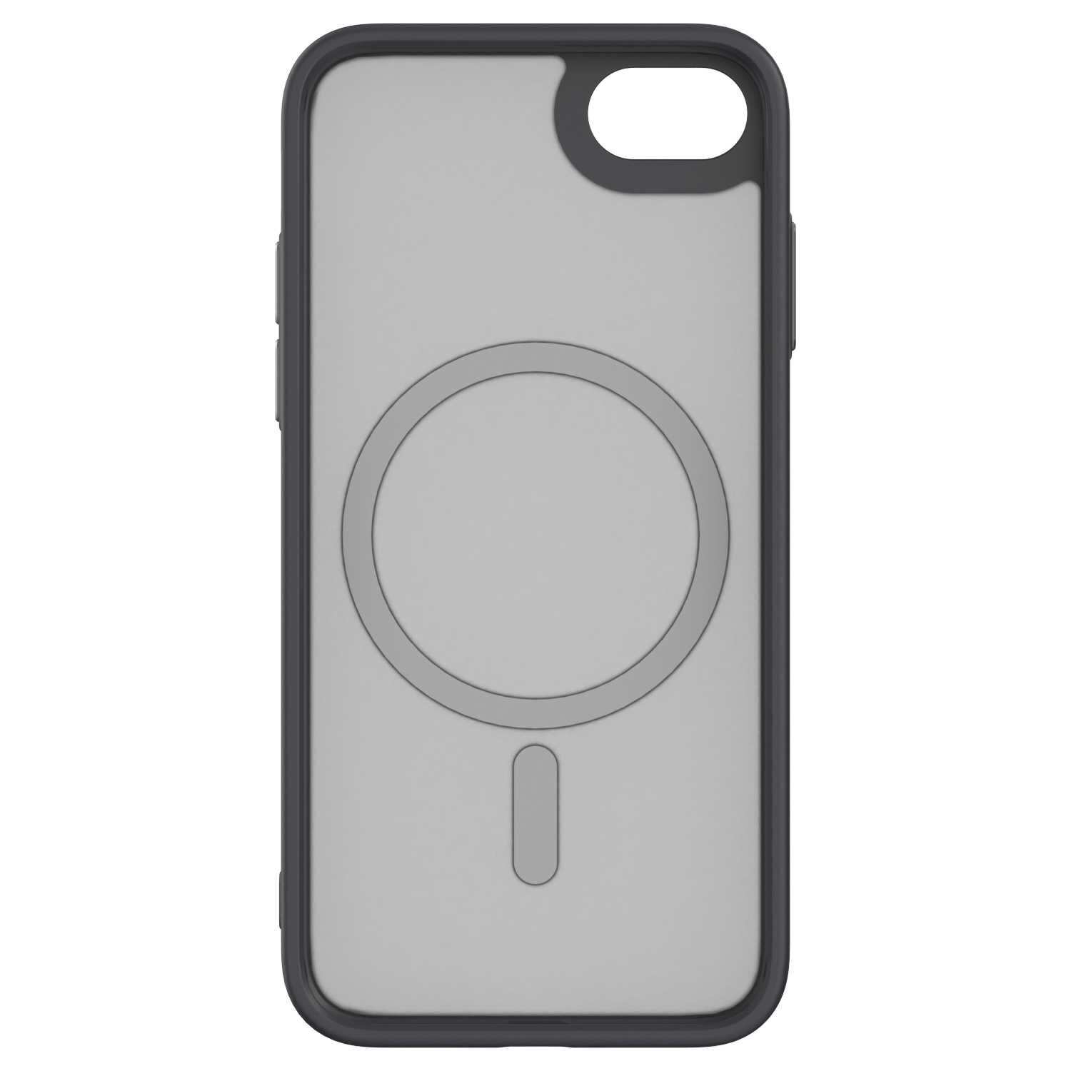 Czarne etui na telefon z przezroczystym tyłem i widocznym okrągłym wzorem na środku. Etui ma wycięcie na aparat w górnym rogu.