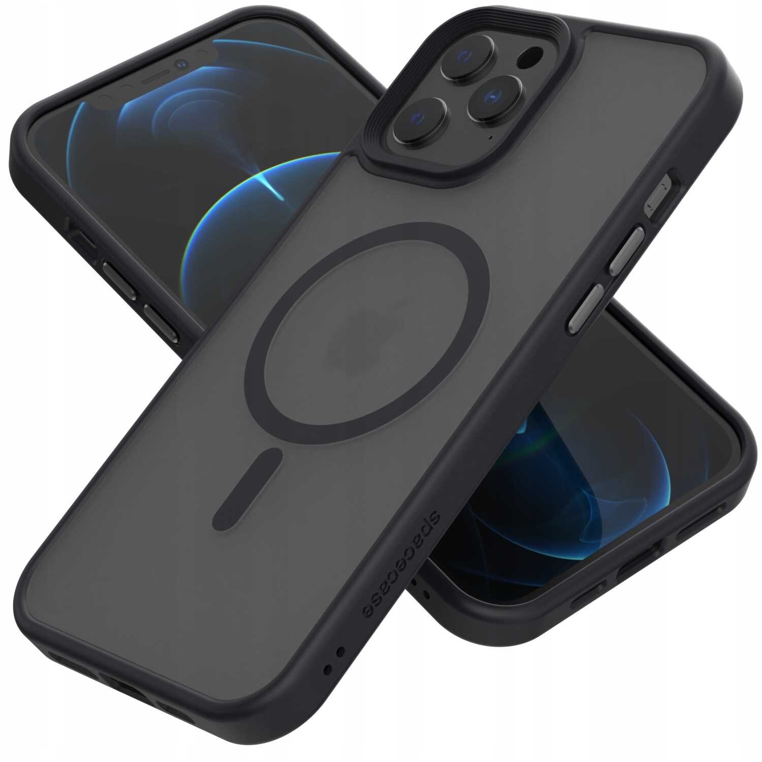 Na obrazie widoczne jest czarne etui magnetyczne na telefon z okrągłym wzorem na tylnej części. Na boku etui znajduje się napis \'spacecase\'.