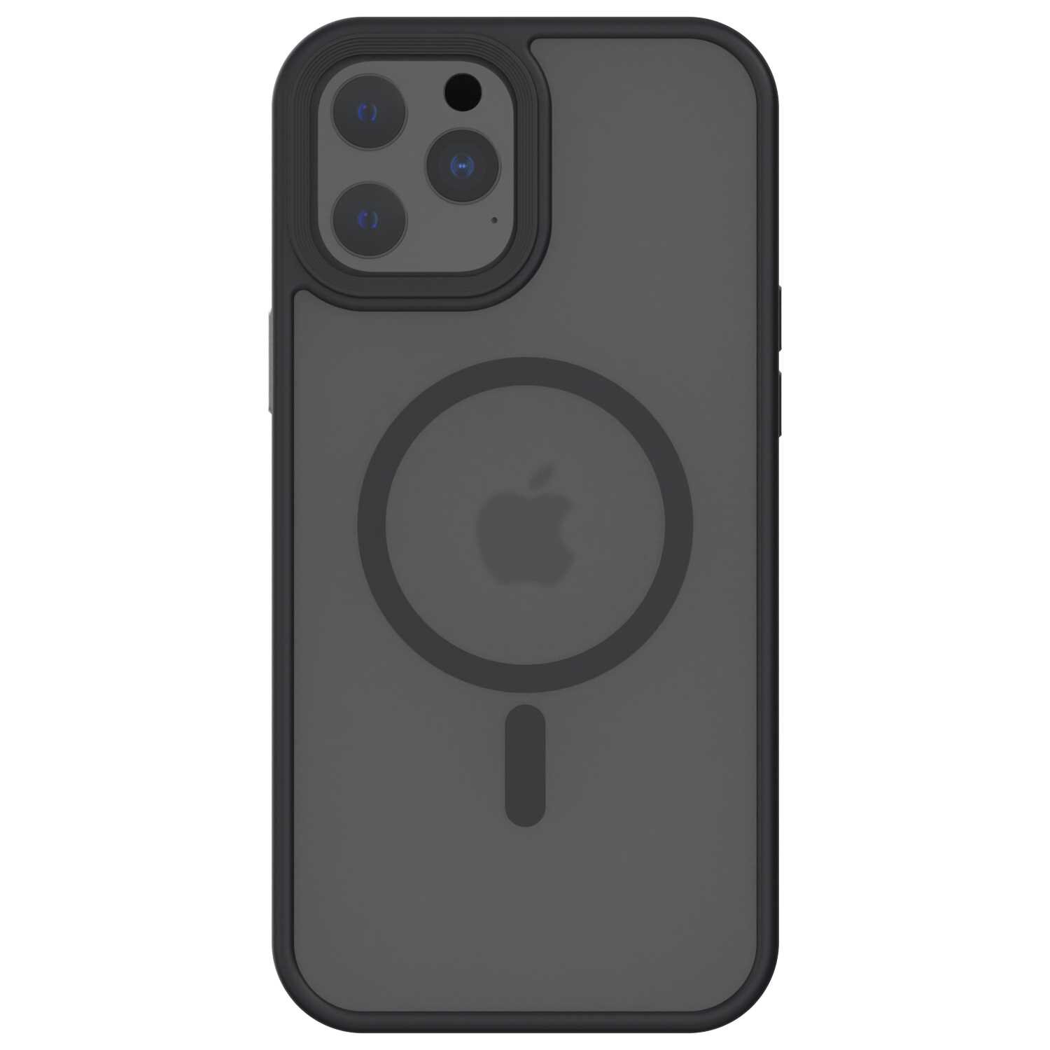 Czarne etui na telefon z widocznym logo w kształcie jabłka oraz okręgiem wokół niego. Etui posiada wycięcia na trzy obiektywy aparatu i lampę błyskową.