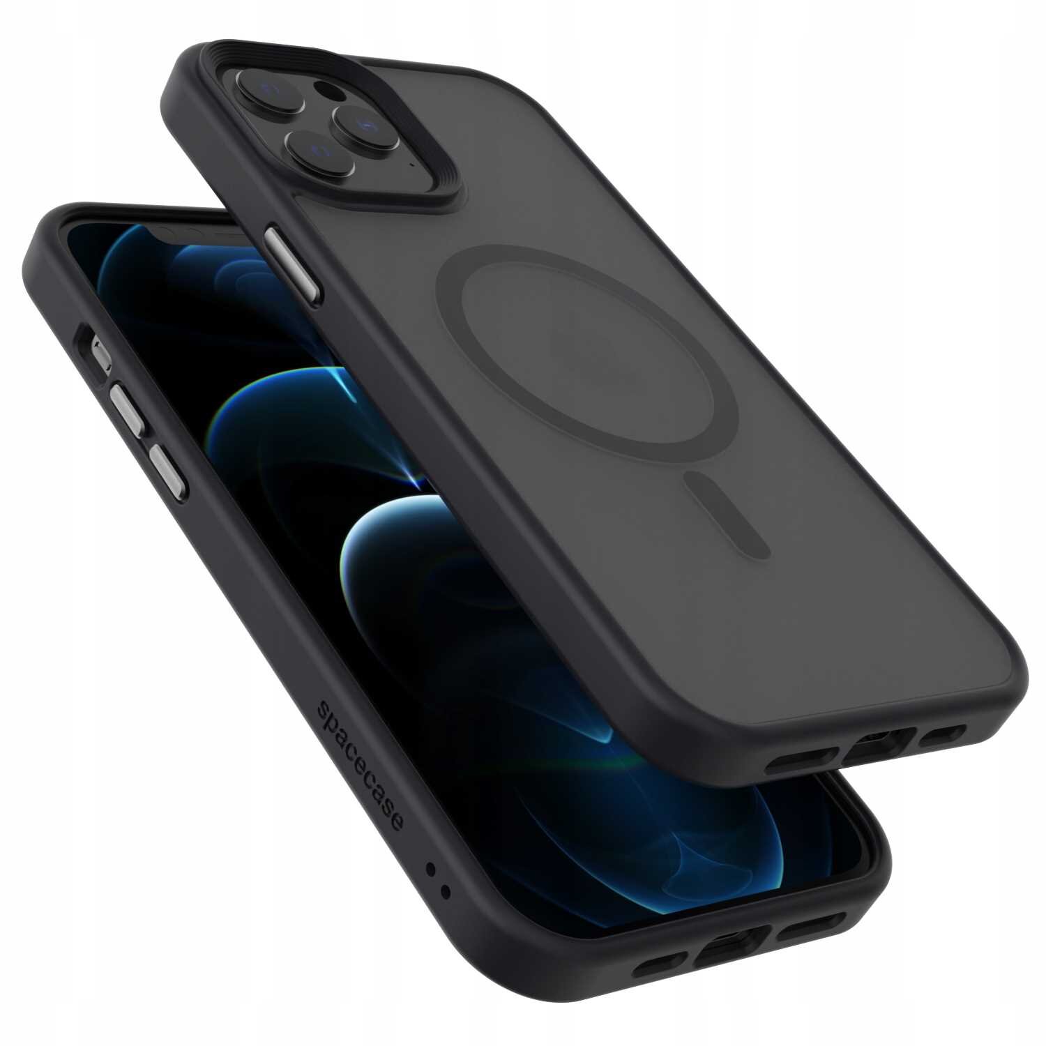 Czarne etui magnetyczne SPACECASE Hybrid Mag do iPhone 12 Pro Max, z widocznym okrągłym wzorem na tylnej części. Na boku etui znajduje się napis \'spacecase\'.