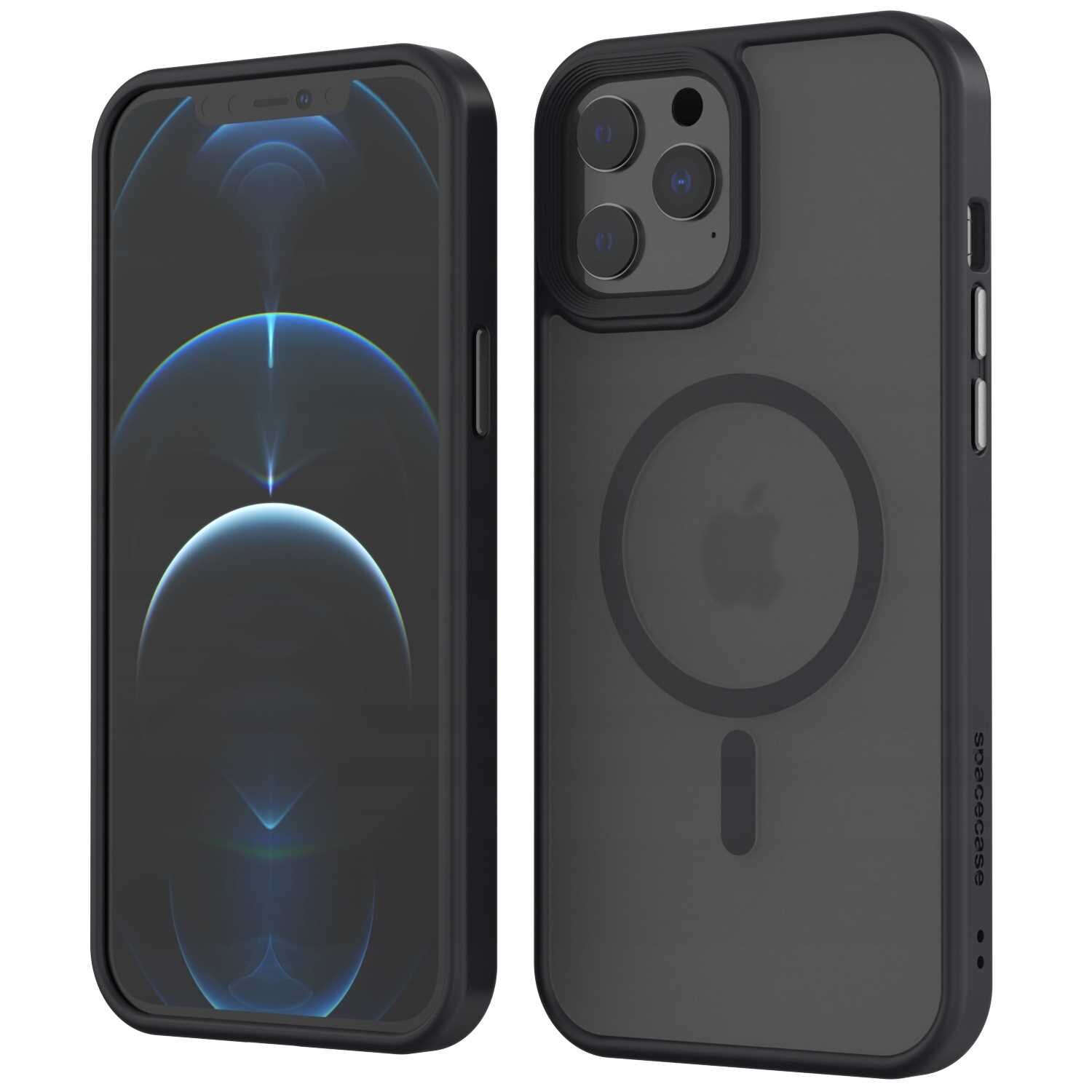 Obraz przedstawia czarne etui magnetyczne na telefon z widocznym logo producenta w formie jabłka. Etui ma przezroczysty tył z okrągłym wzorem i wycięciem na aparat z trzema obiektywami.