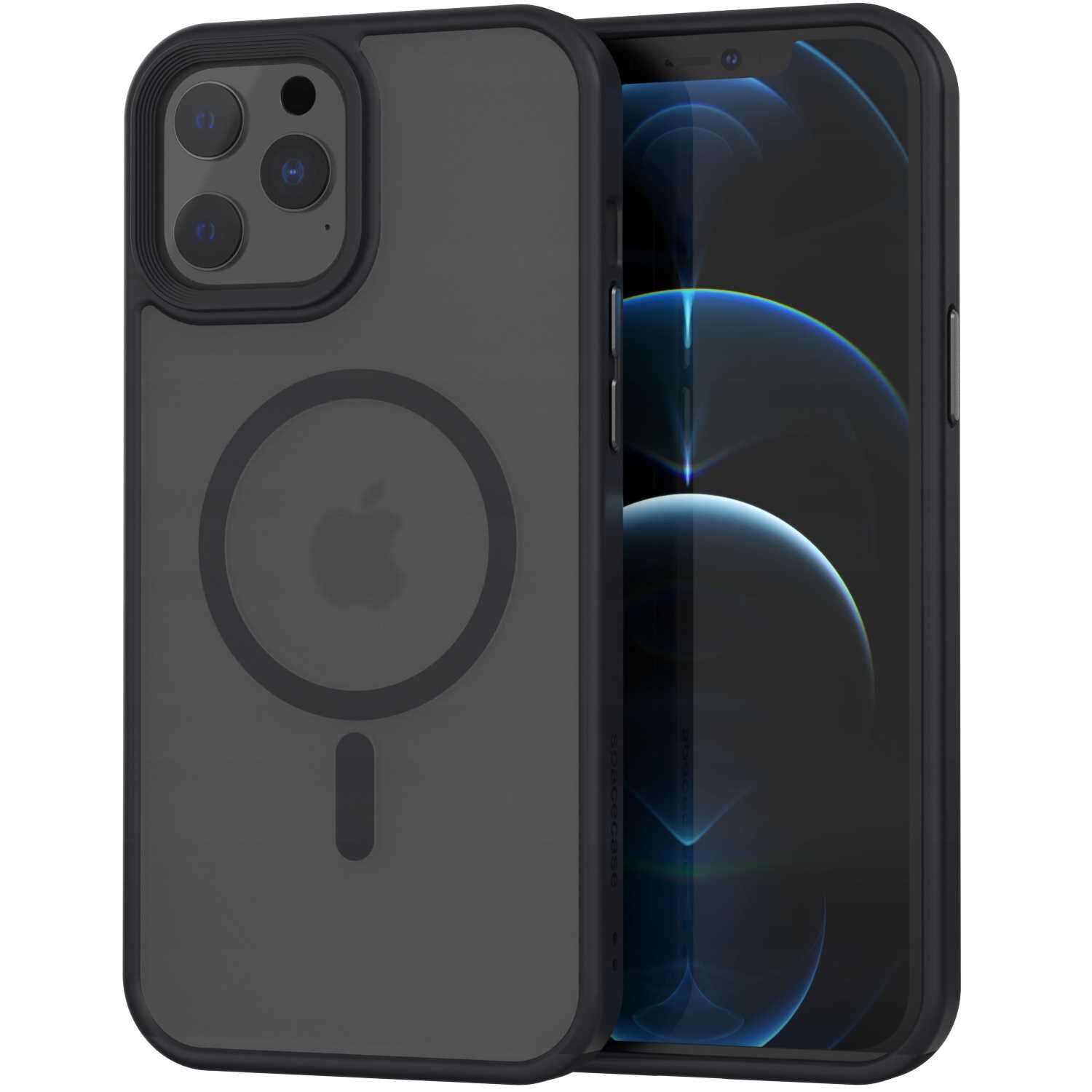 Na obrazie widoczne jest czarne etui magnetyczne na telefon z okrągłym wzorem i logo jabłka. Obok etui znajduje się telefon z wyświetlaczem pokazującym ciemny motyw graficzny.