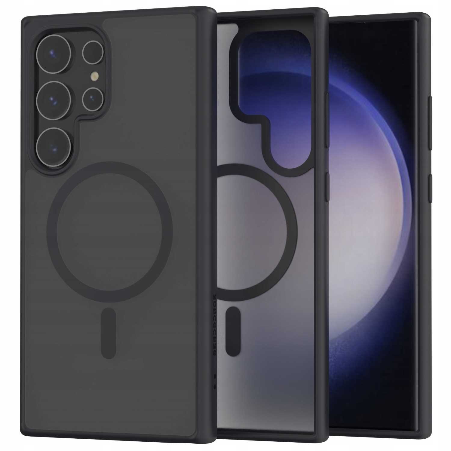 Obraz przedstawia czarne etui magnetyczne z okrągłym wzorem na tylnej części, przeznaczone do telefonu Galaxy S24 Ultra. Etui ma wycięcia na aparat i przyciski boczne.