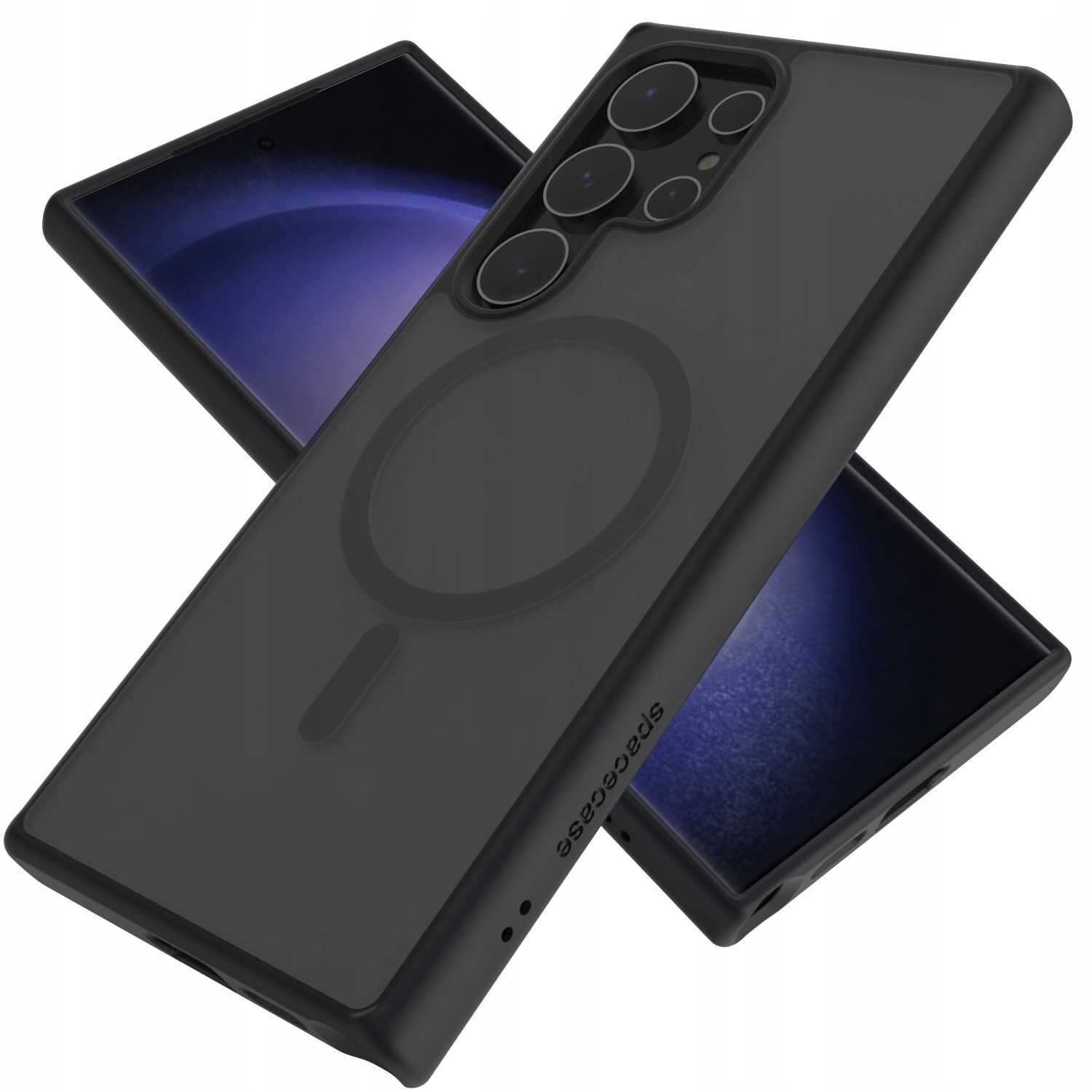 Czarne etui magnetyczne z napisem \'SPACECASE\' widocznym na boku, przeznaczone do telefonu z dużym modułem aparatu. W tle widać ekran telefonu z niebieskim gradientem.