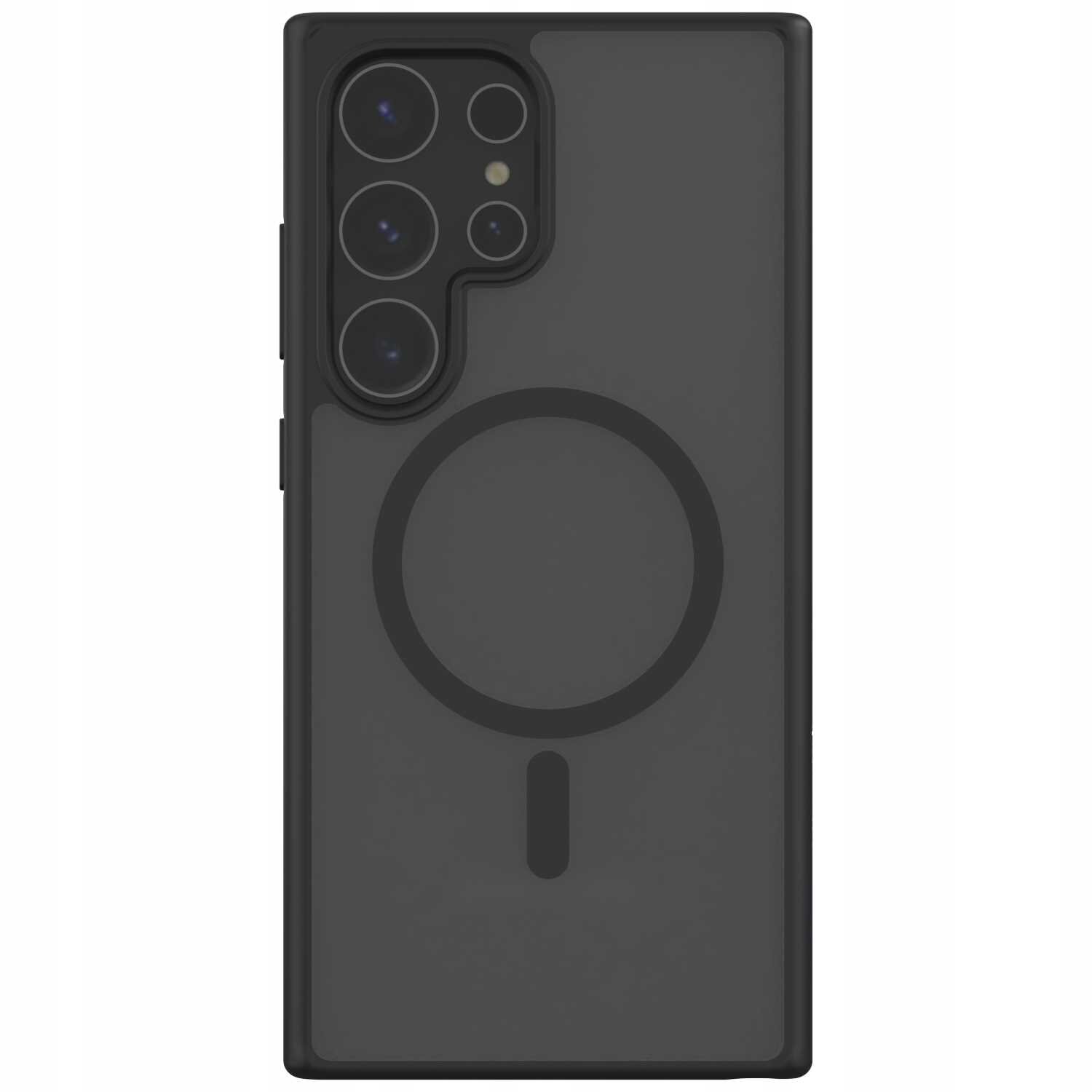 Czarne etui magnetyczne z okrągłym wzorem na środku, przeznaczone do telefonu z widocznymi wycięciami na aparat z pięcioma obiektywami i lampą błyskową.