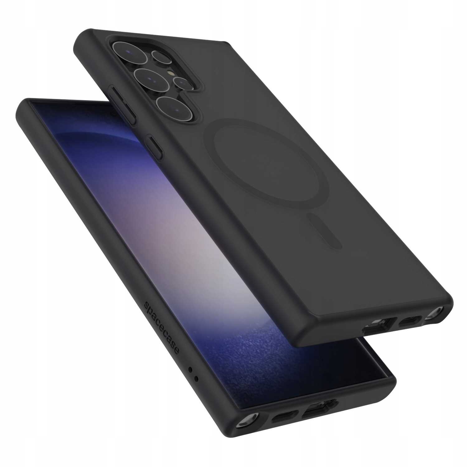 Czarne etui magnetyczne SPACECASE Hybrid Mag do Galaxy S24 Ultra, z widocznymi wycięciami na aparat i porty. Na boku etui znajduje się napis \'spacecase\'.
