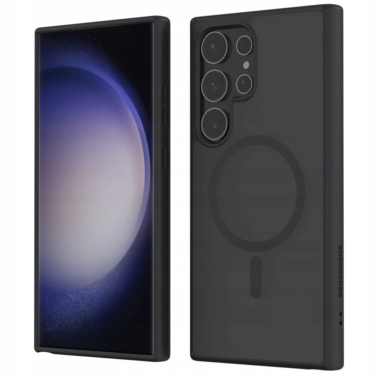 Obraz przedstawia czarne etui magnetyczne na telefon z widocznym okrągłym wzorem na tylnej części. Na etui znajduje się napis \'SPACECASE\'.
