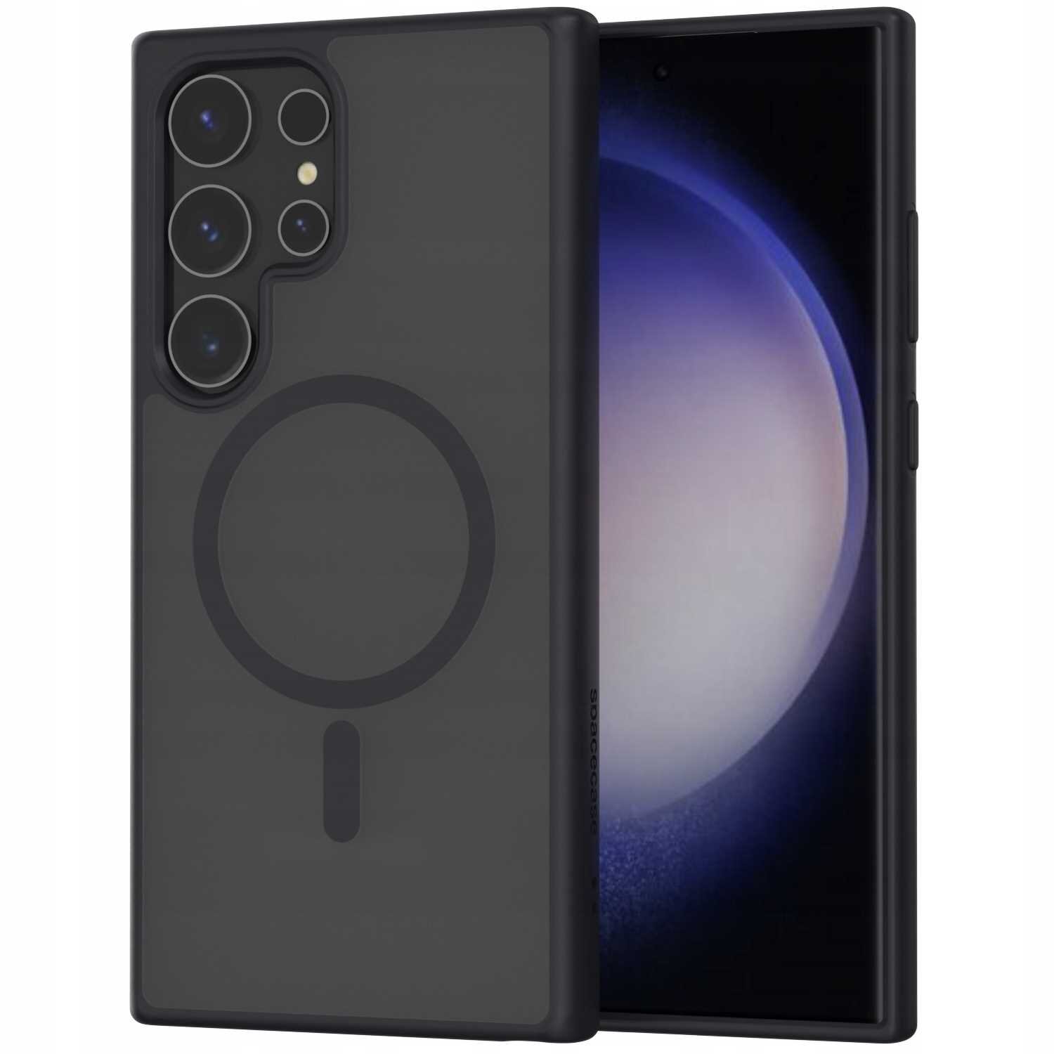 Czarne etui magnetyczne na telefon z widocznym okrągłym wzorem na tylnej części. Obok etui znajduje się telefon z wyświetlaczem pokazującym abstrakcyjny wzór w odcieniach niebieskiego i białego.