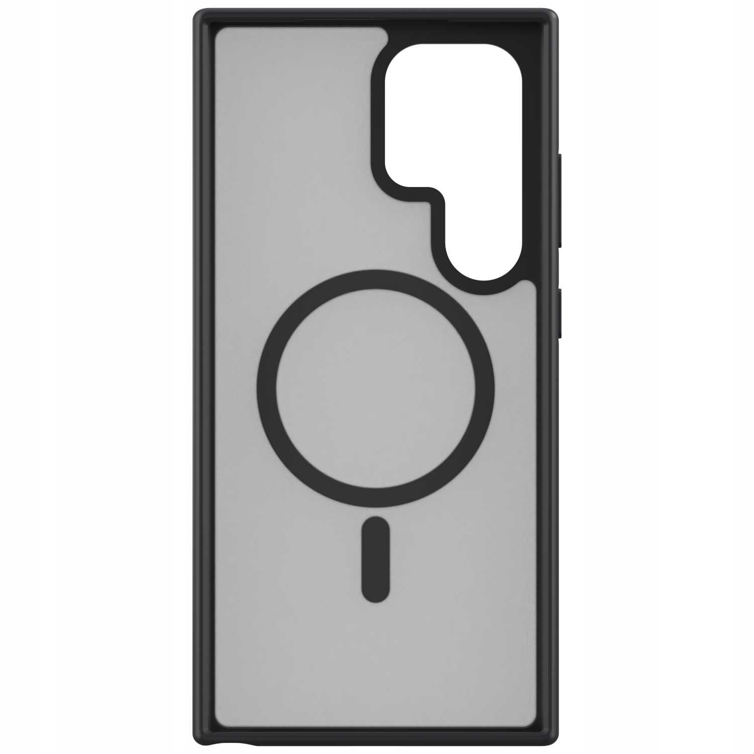 Czarne etui magnetyczne z wycięciem na aparat i dużym okrągłym wzorem na środku. Przeznaczone do Galaxy S24 Ultra.