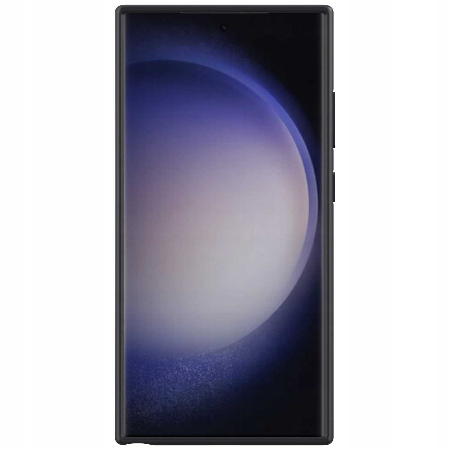 Obraz przedstawia czarne etui na smartfon z widocznym ekranem urządzenia, na którym wyświetla się abstrakcyjna grafika z gradientem fioletu i bieli.