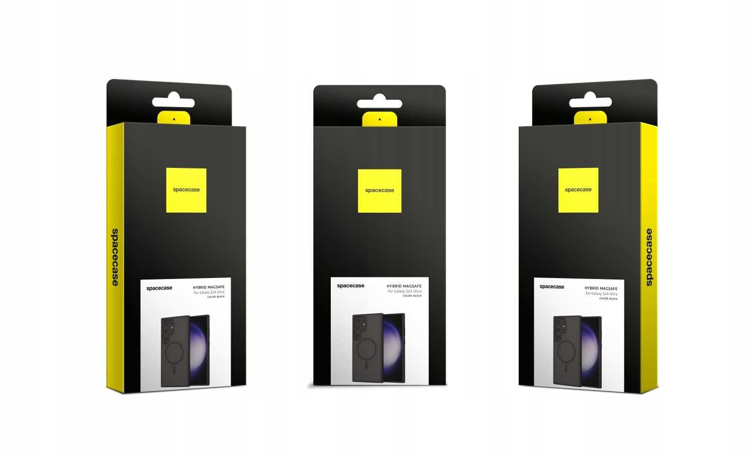 Trzy opakowania produktu SPACECASE Hybrid Mag do Galaxy S24 Ultra w kolorze czarnym, z widocznym logo \'spacecase\' na żółtym tle. Na każdym opakowaniu znajduje się zdjęcie etui na telefon.
