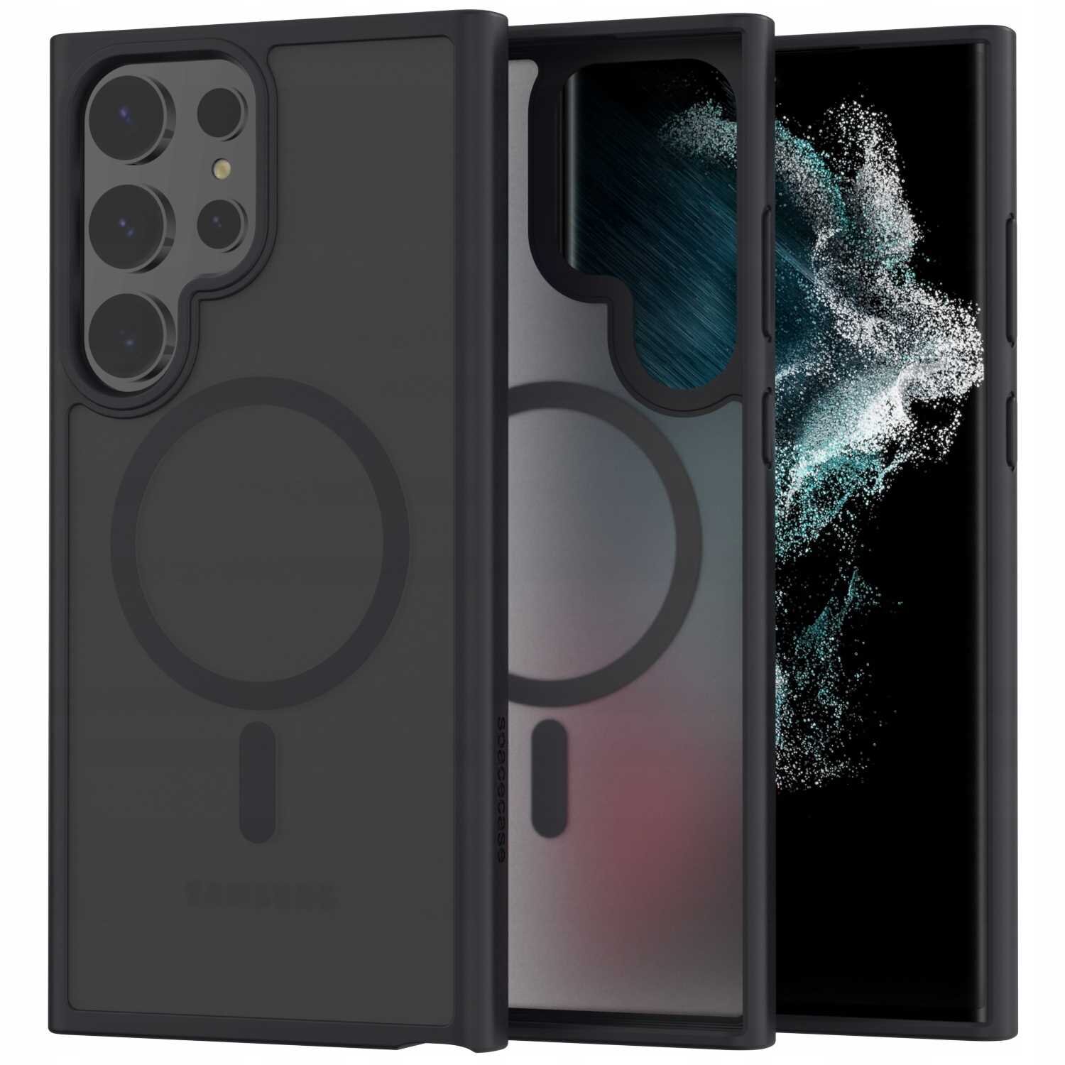Obraz przedstawia czarne etui magnetyczne z okrągłym wzorem na tylnej części, przeznaczone do telefonu Galaxy S22 Ultra. Etui ma wycięcia na aparat i przyciski boczne.