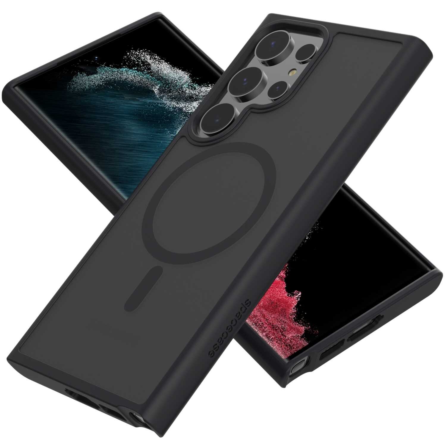 Czarne etui magnetyczne z napisem \'spacecase\' na boku, przeznaczone do telefonu z widocznymi aparatami fotograficznymi. W tle widać ekran telefonu z dynamicznymi grafikami w kolorach niebieskim i czerwonym.